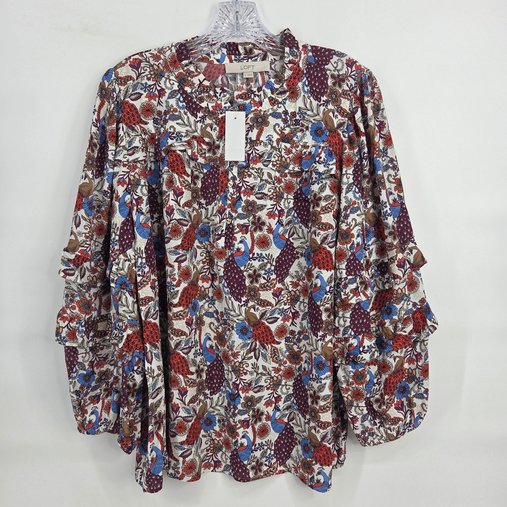 LOFT Blouse Large Red Blue Peacock Floral Ruffle Sleeve Boho Art-Inspired NWT